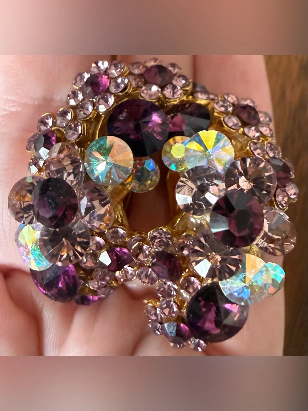 Vintage Gold-Tone Clip-On Earrings with Purple Aurora Borealis AB Rhinestone